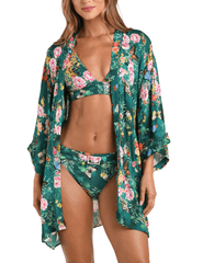 Front view of L’AGENCE Caterina Open Front Kimono in green butterfly print