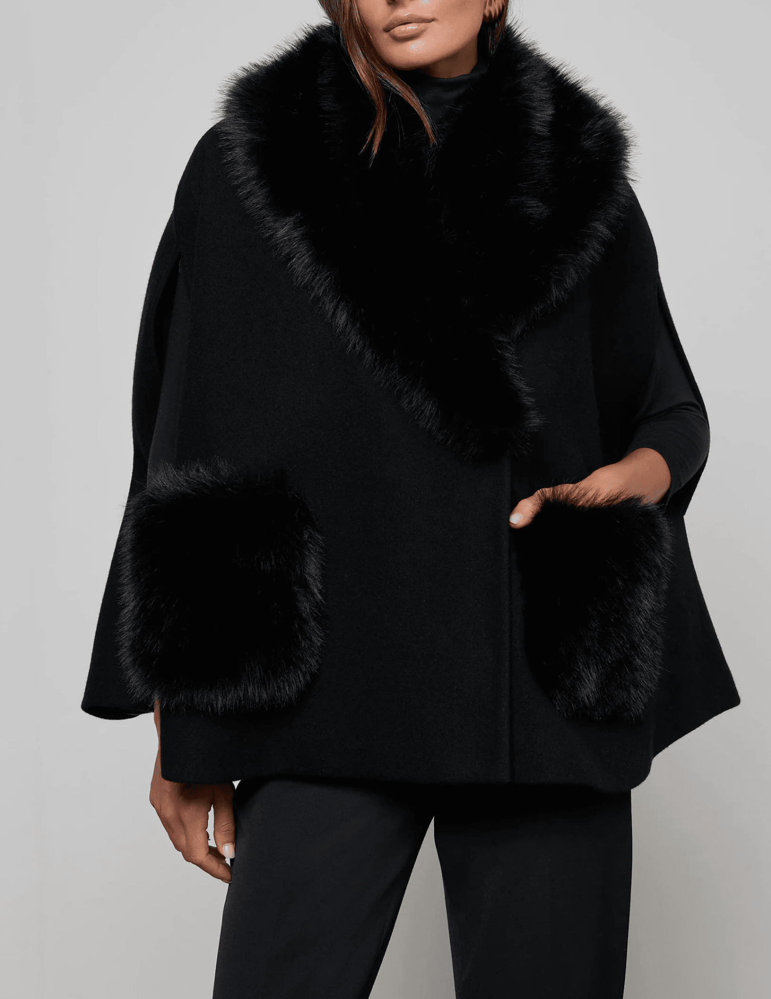 Front view  ofL'AGENCE Chana Faux Fur Collar Cape in Black
