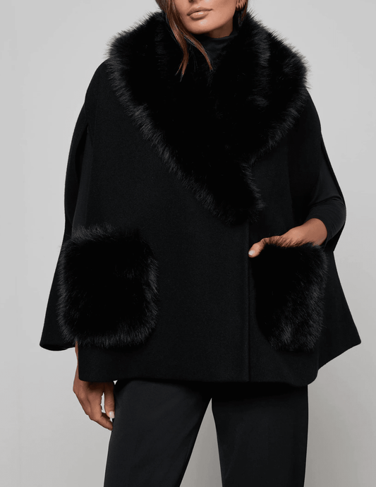 Front view  ofL'AGENCE Chana Faux Fur Collar Cape in Black