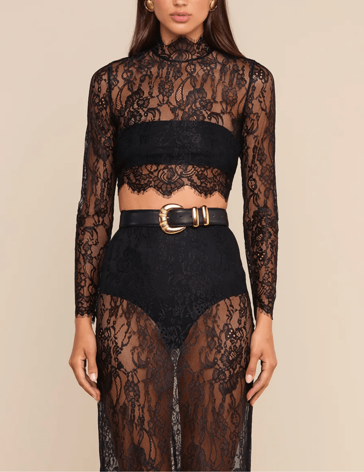 Front view of L'AGENCE Henriette Lace Cropped Long Sleeve Top in Black