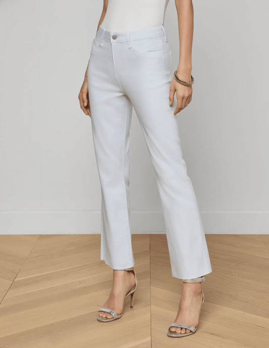 Front view of L'AGENCE Kendra High Rise Cropped Coated Jean in Pale Mist Blue Coated 