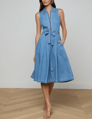 Front view of L'AGENCE Kieran Denim Shirt Dress in Oracle