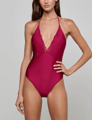 Front view of L’AGENCE Terra Shimmer Plunge One Piece Swimsuit in Black Cherry