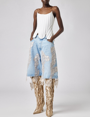 Full body view of Giuseppe Di Morabito Lace Detail Denim Shorts Light Blue Nude