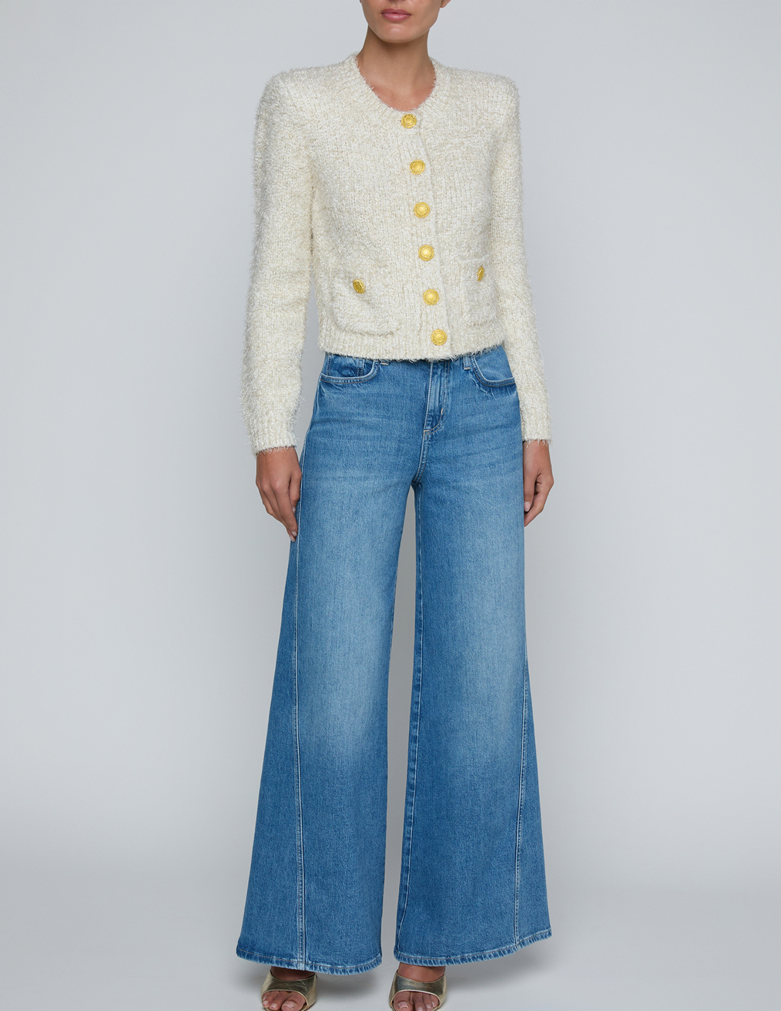 L'Agence Una Knit Metallic Cardigan in Ivory Gold Multi