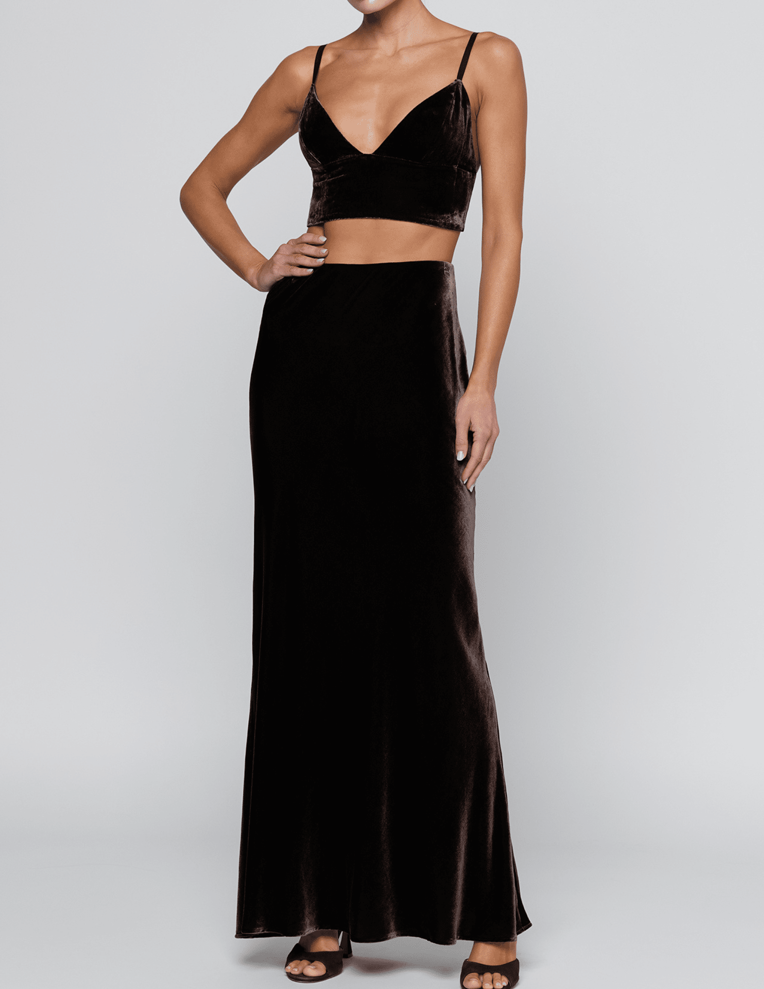 Full body view of view of view of L'AGENCE Aislin Velvet Bralette Top in Dark Java
