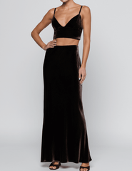 Full body view of view of view of L'AGENCE Aislin Velvet Bralette Top in Dark Java
