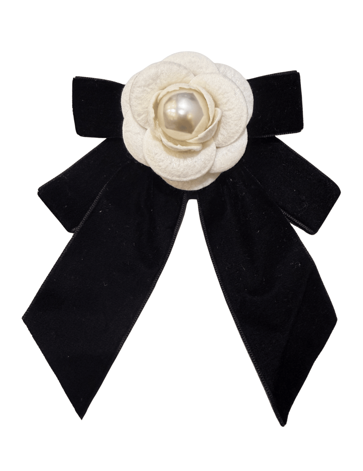 Fleur de Camélia Maureen Velvet Pearl Ribbon Brooch in Black & White