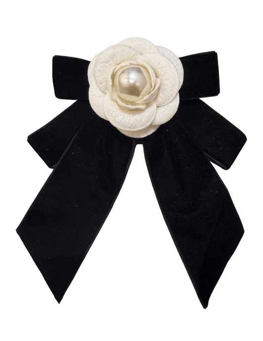 Fleur de Camélia Maureen Velvet Pearl Ribbon Brooch in Black & White