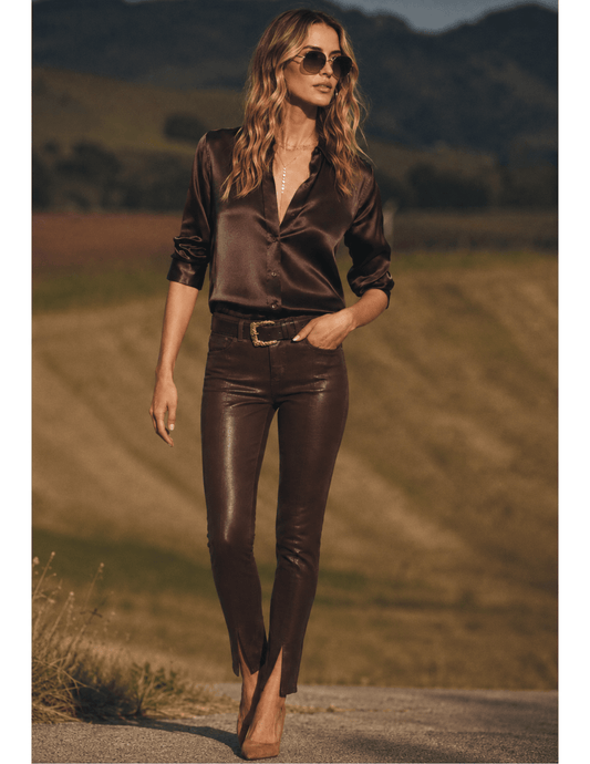 L'AGENCE Jyothi Coated Split Hem Jeans in Dark Java