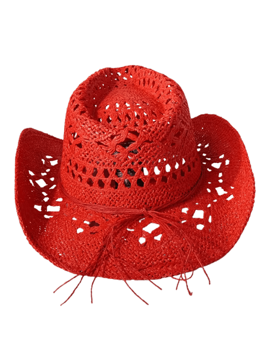 St. Barths red straw western hat open weave front view