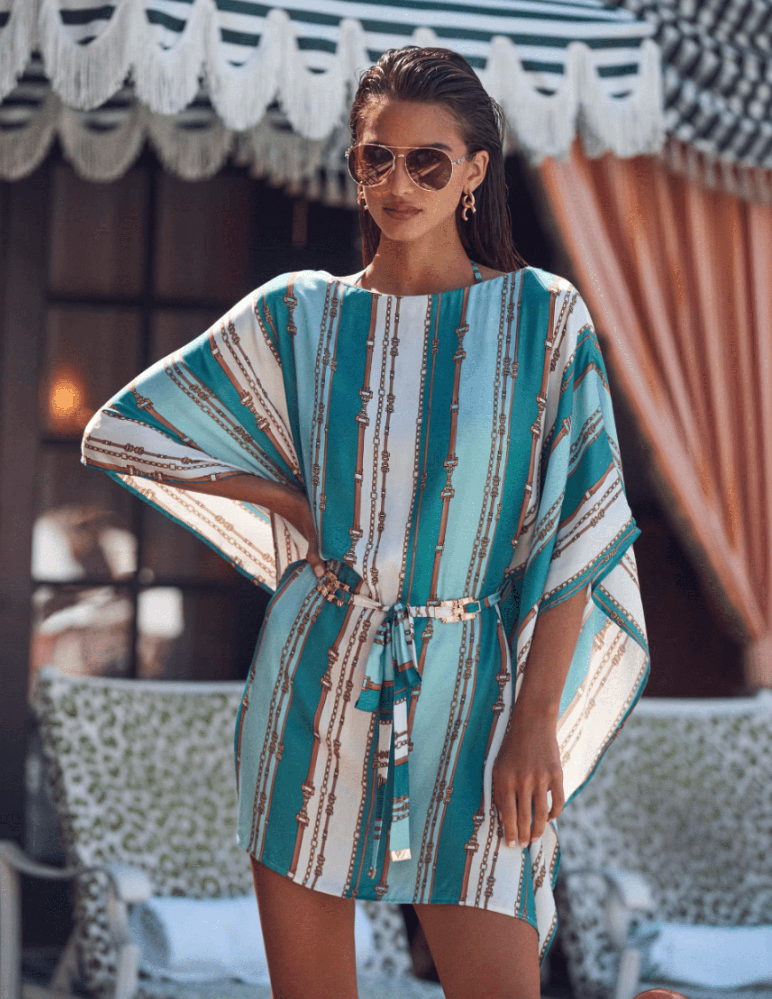 L’AGENCE Alia Cover-Up Tunic in Light Sage Belt Stripe editorial view