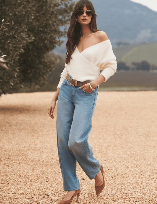 L'AGENCE Antonella Cross Front Sweater in Ivory styled editorial