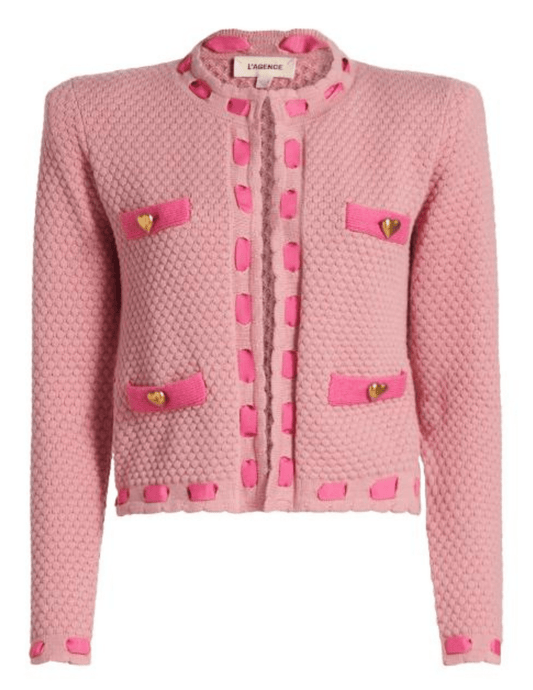 L'AGENCE Astor Contrast Trim Cardigan in Dusty Pink