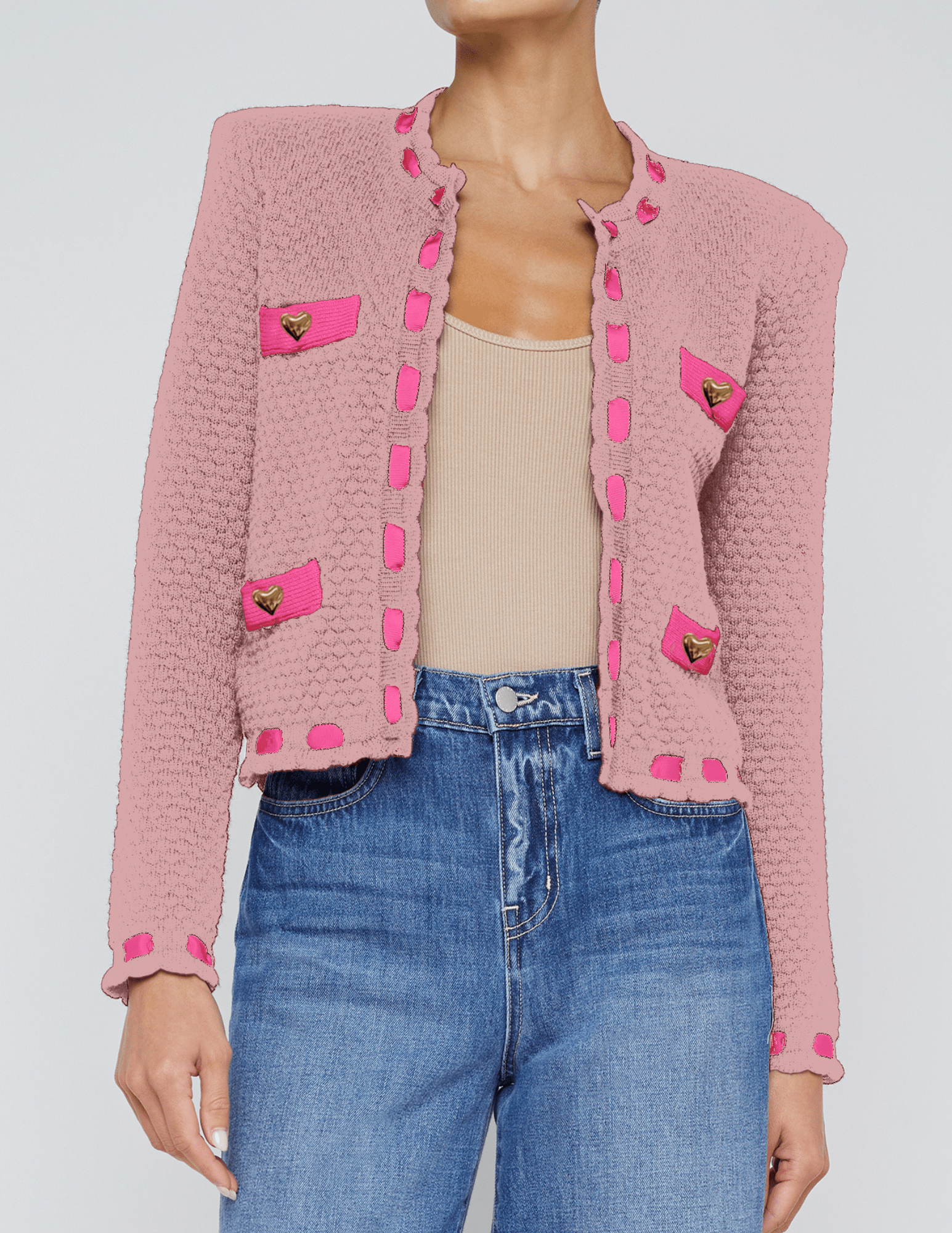 Front view of L'AGENCE Astor Contrast Trim Cardigan in Dusty Pink

