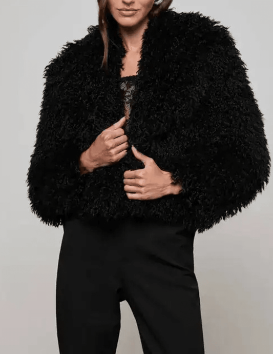 L'AGENCE Aura Crop Faux Fur Jacket in Black