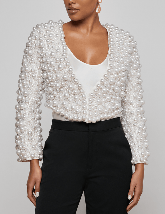 front of L'AGENCE Belle Pearl Cropped Oversized Jacket in Ivory
