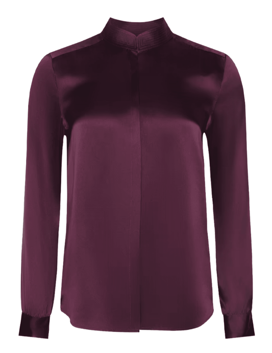 L'AGENCE Bianca Band Collar Blouse in Dark Plum