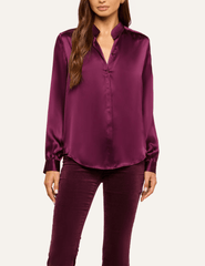 Front view of L'AGENCE Bianca Band Collar Blouse in Dark Plum