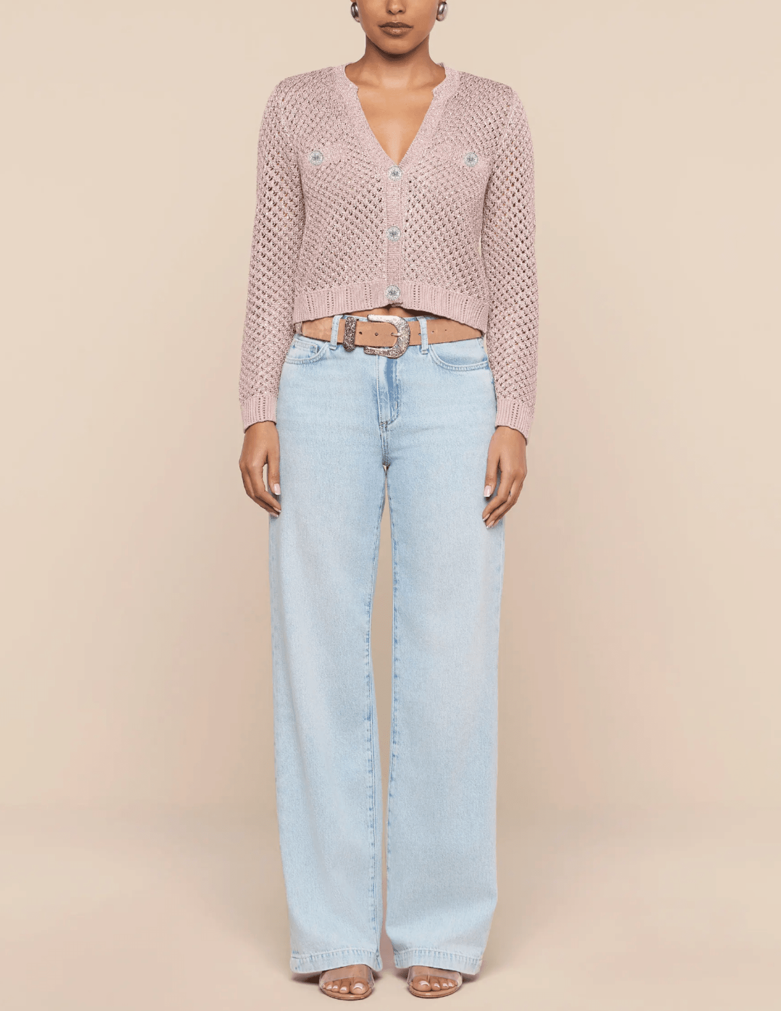 Full body L'AGENCE Blanca Sequin Cropped Sequin Cardigan in Adobe Rose