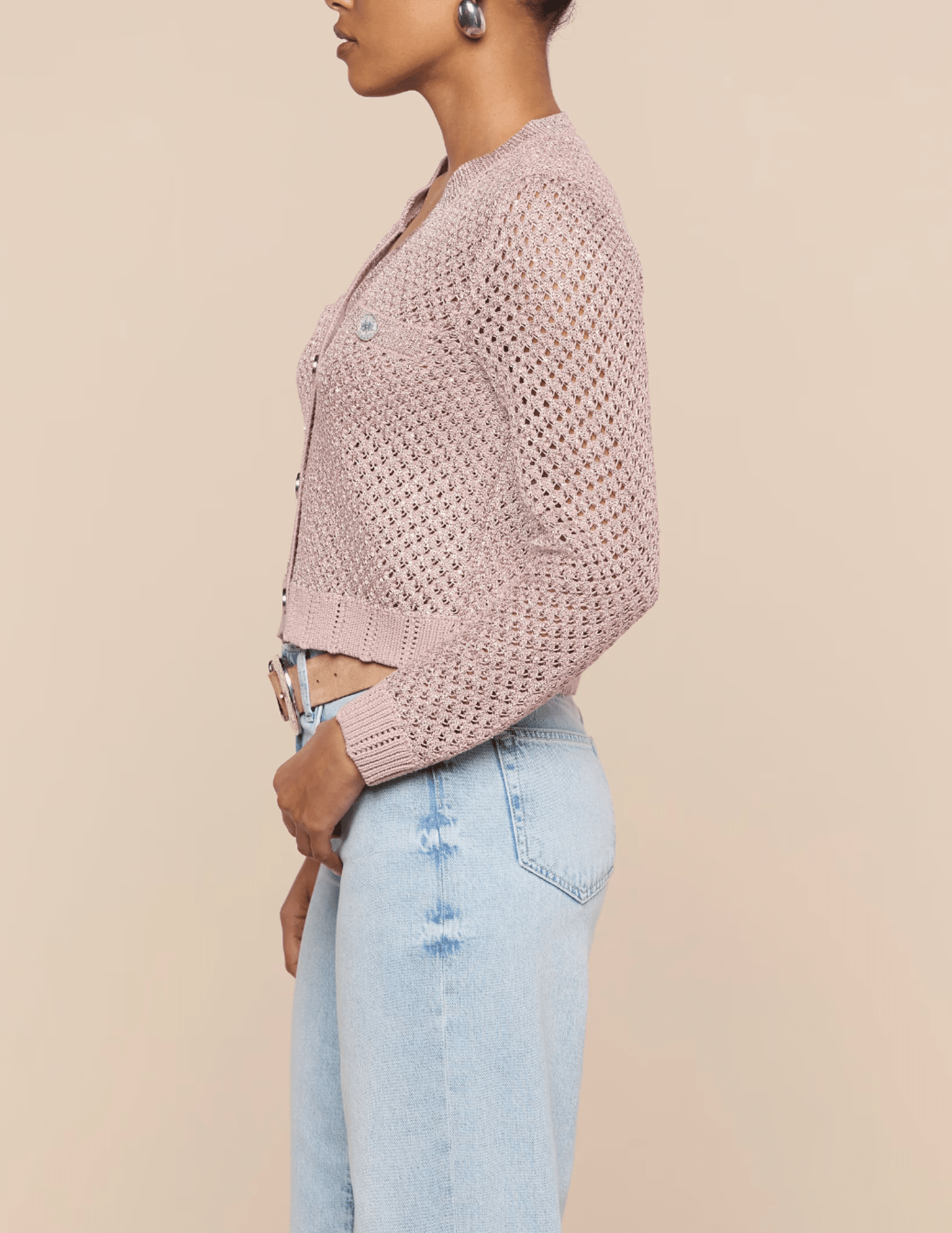 L'AGENCE Blanca Sequin Cropped Sequin Cardigan in Adobe Rose side