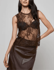 Front view L’AGENCE Brax Floral Lace Tank – Dark Brown