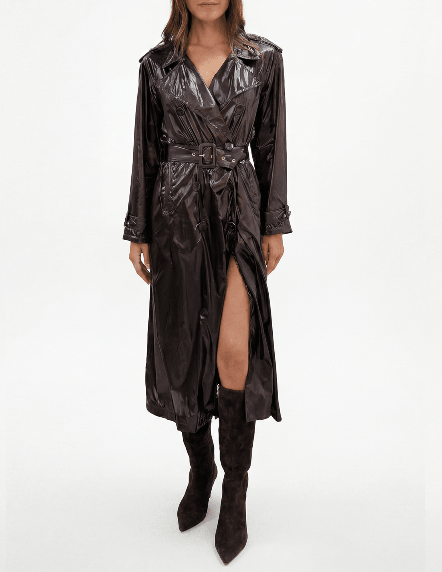 Front view of L'AGENCE Brinley Oversized Trench Coat in Dark Espresso