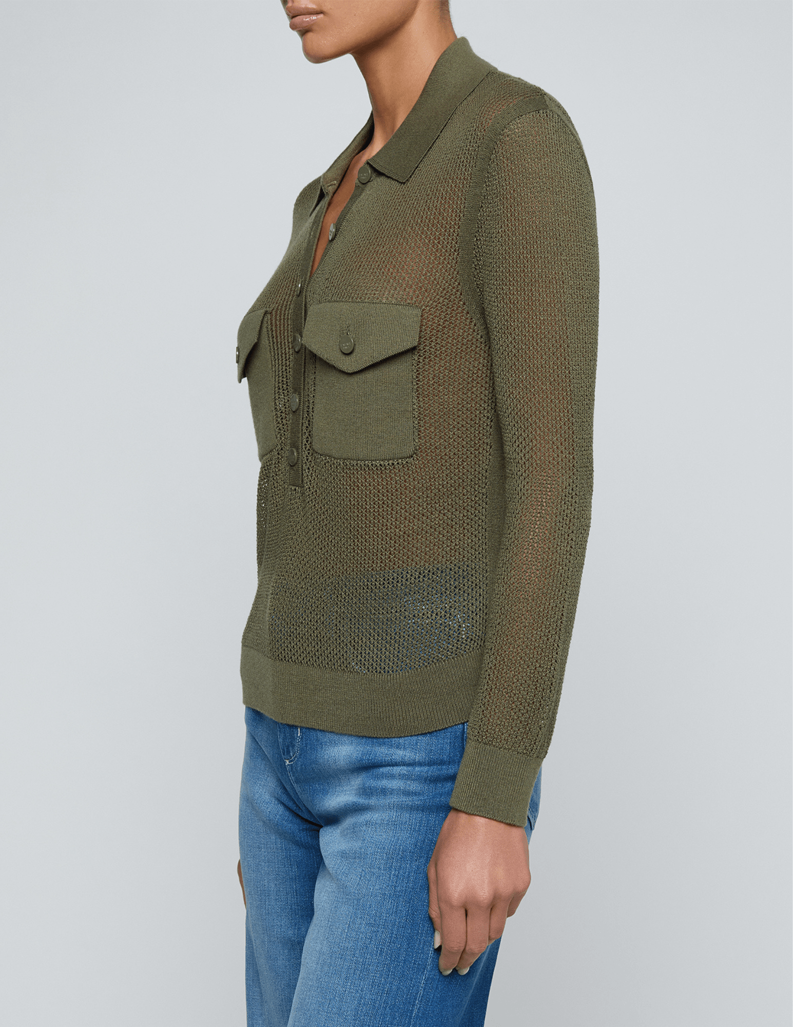 L'AGENCE Carine Pointelle Sweater in Smokey Olive side view