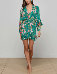 L’AGENCE Caterina Open Front Kimono in green butterfly print front
