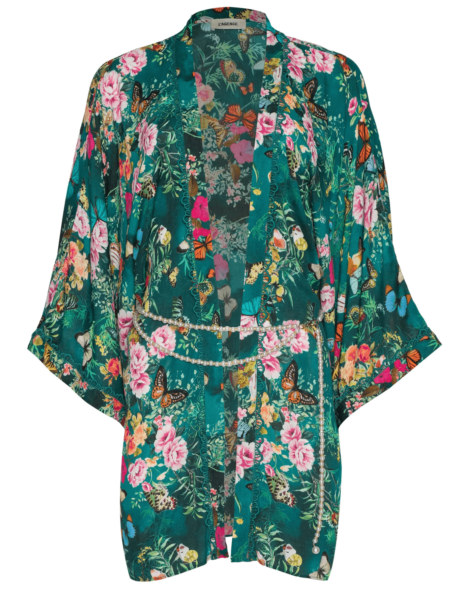 L’AGENCE Caterina Open Front Kimono in green butterfly print