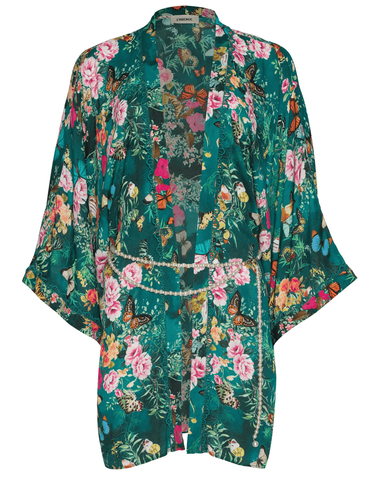 L’AGENCE Caterina Open Front Kimono in green butterfly print