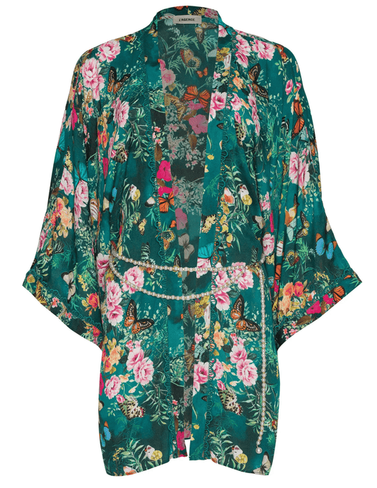 L’AGENCE Caterina Open Front Kimono in green butterfly print
