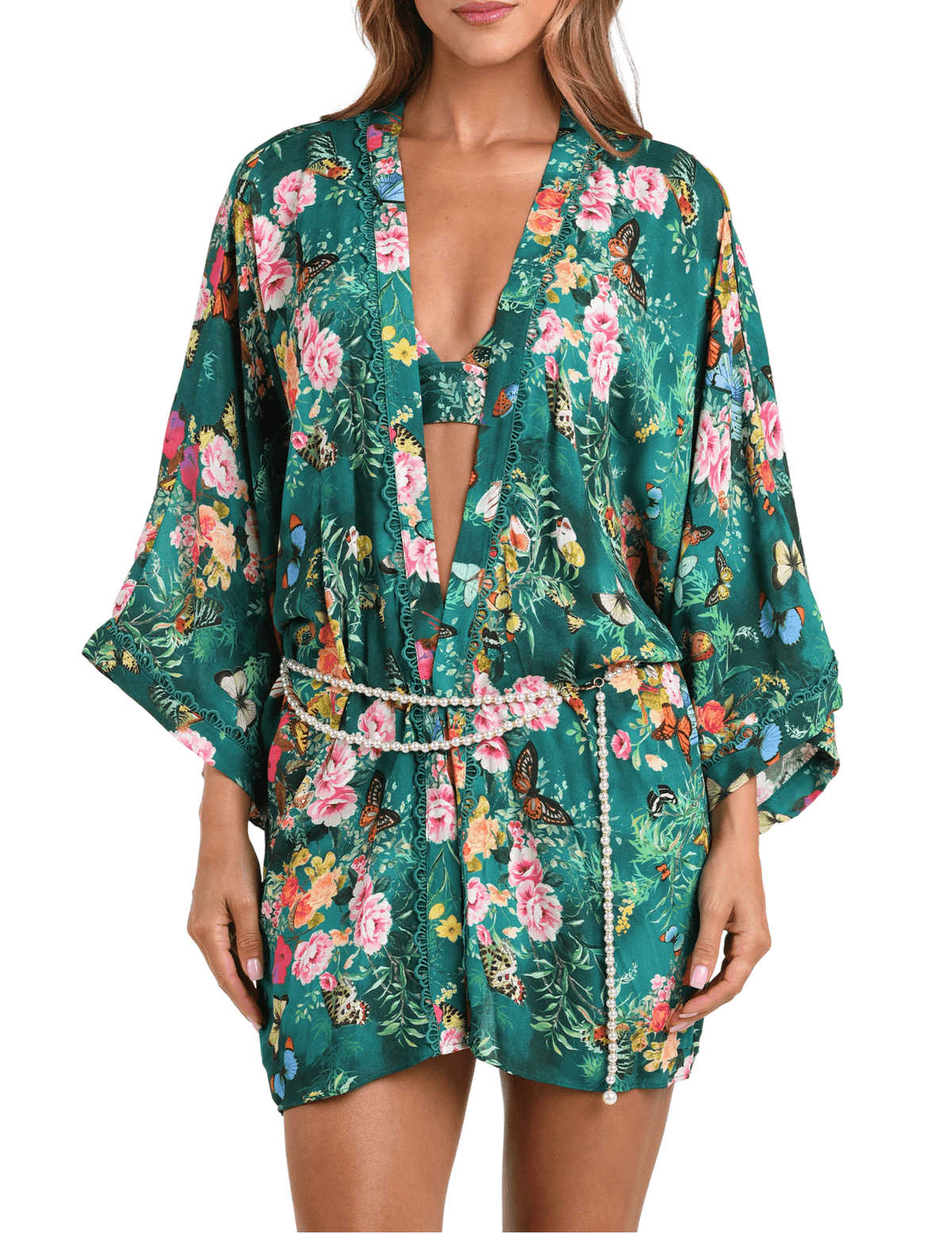 L’AGENCE Caterina Open Front Kimono in green butterfly print