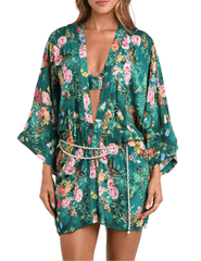 L’AGENCE Caterina Open Front Kimono in green butterfly print