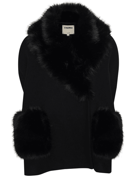 L'AGENCE Chana Faux Fur Collar Cape in Black