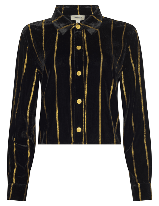 L'AGENCE Cosette Cropped High Low Blouse in Black Gold Stripe