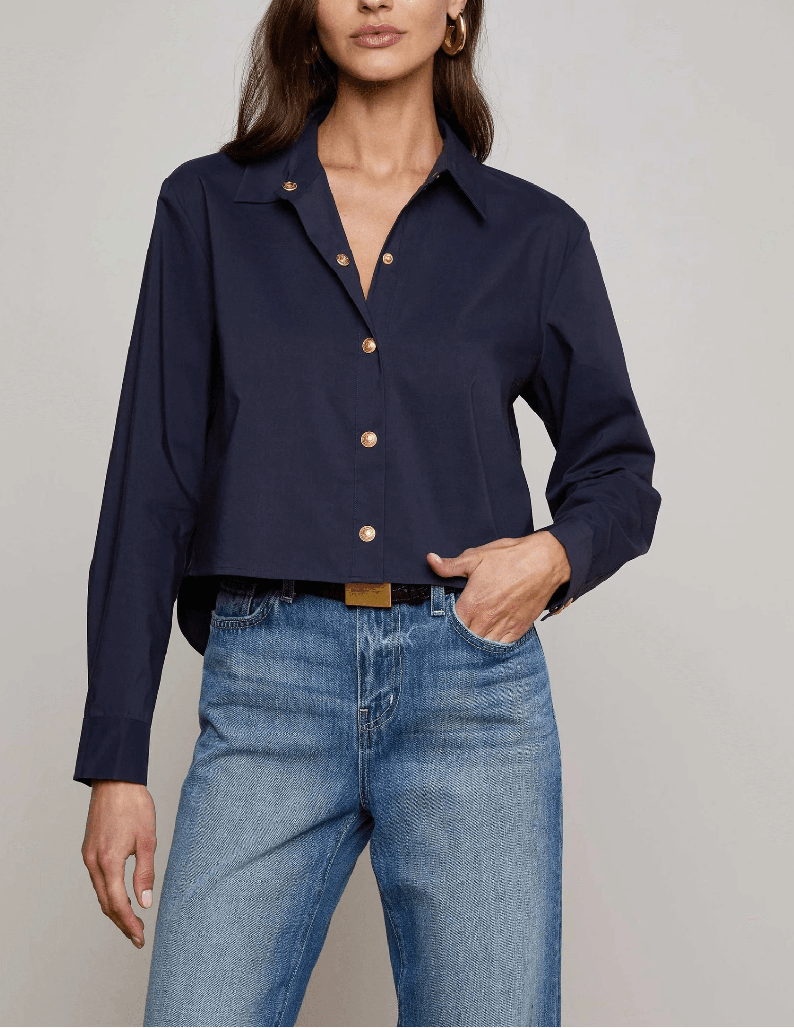 Front view of L'AGENCE Cosette Cropped High Low Blouse in Midnight
