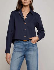 Front view of L'AGENCE Cosette Cropped High Low Blouse in Midnight
