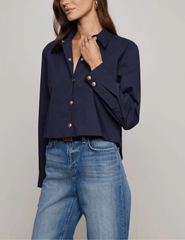 Side View Of L'AGENCE Cosette Cropped High Low Blouse in Midnight
