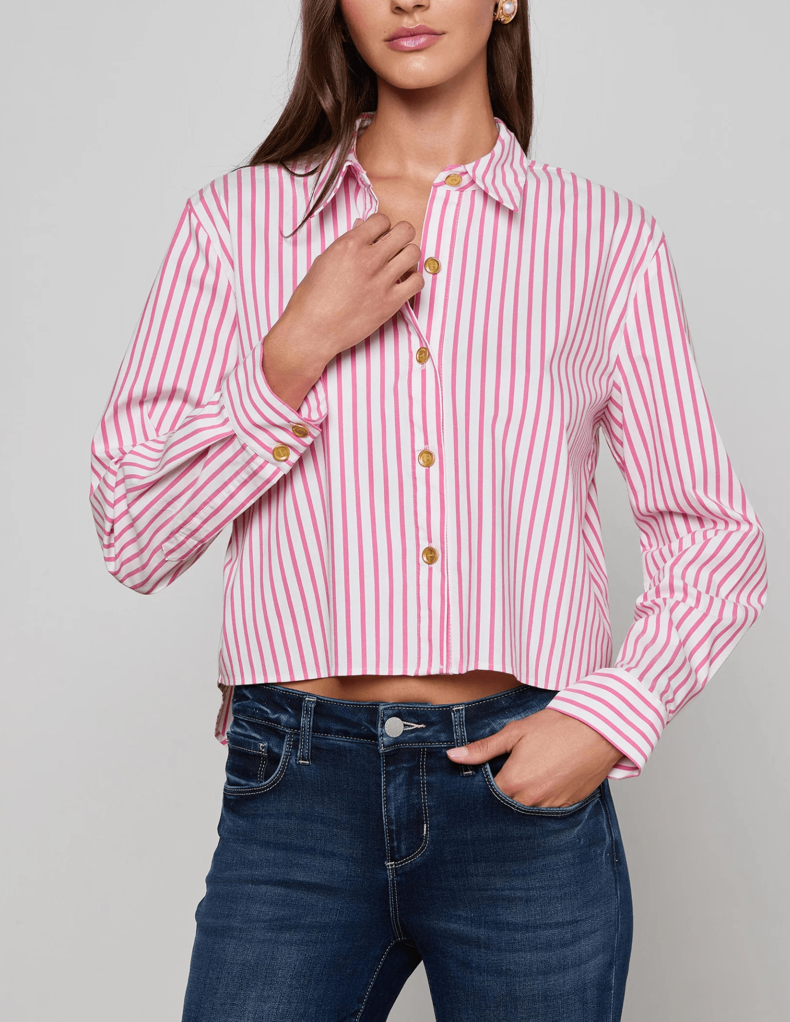 Front view of L'AGENCE Cosette Cropped High Low Blouse in Pinktober White Stripe