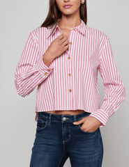 Front view of L'AGENCE Cosette Cropped High Low Blouse in Pinktober White Stripe