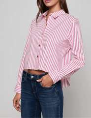 Side view of L'AGENCE Cosette Cropped High Low Blouse in Pinktober White Stripe

