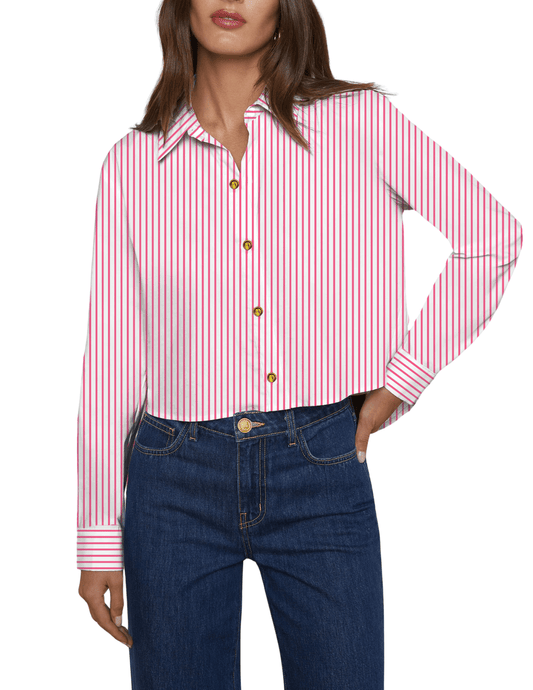 L’AGENCE Cosette Cropped High Low Blouse in Pinktober White Stripe with gold buttons,