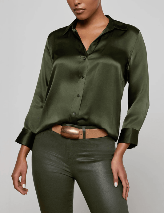 Front VIew of L'AGENCE Dani Three Quarter Sleeve Blouse in Deep Olive