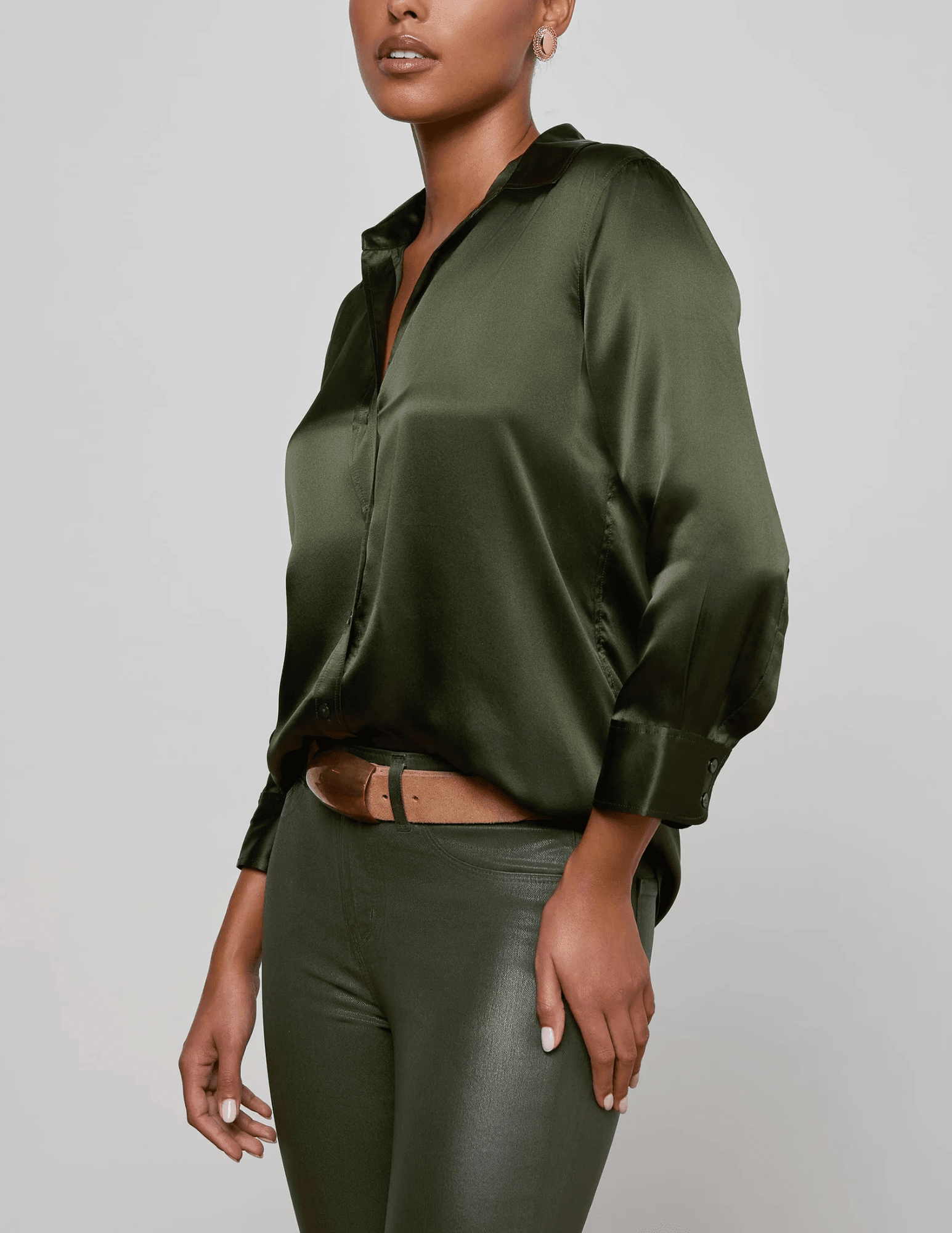 Side view of L'AGENCE Dani Three Quarter Sleeve Blouse in Deep Olive
