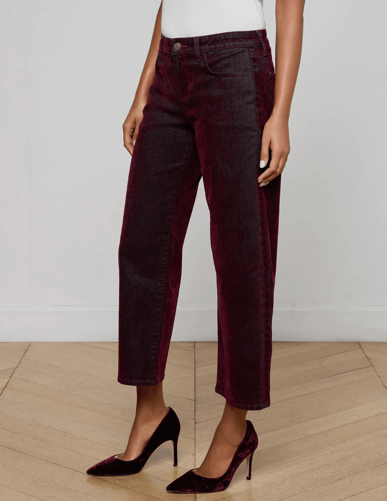 Side L'AGENCE Dolores Low Rise Bow Leg Burnout Velvet Jeans in Bordeaux
