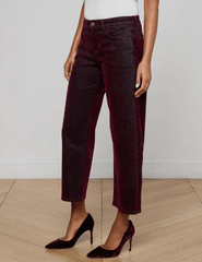 Side L'AGENCE Dolores Low Rise Bow Leg Burnout Velvet Jeans in Bordeaux
