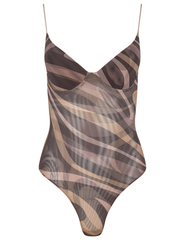 L'AGENCE Elowen Underwire Mesh Bodysuit in Sepia Abstract Swirl