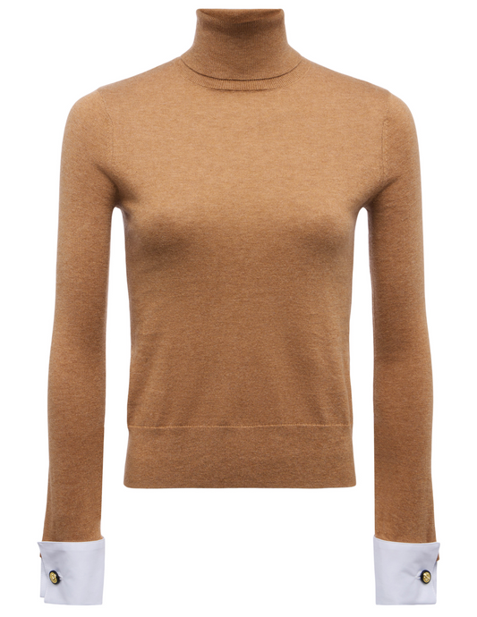 L’AGENCE Flora Poplin Cuff Turtleneck in Chestnut White