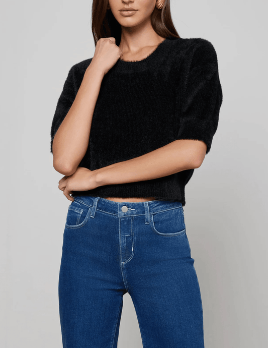 Front view of L'AGENCE Guinevere Short Sleeve Crop Sweater in Black